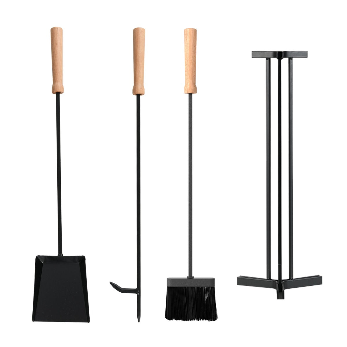 LIVSK 4 - delige Haardgereedschapsset - Hittebestendige Beukenhouten Handvatten - Duurzaam Metaal - Stabiele Driehoekige Houder