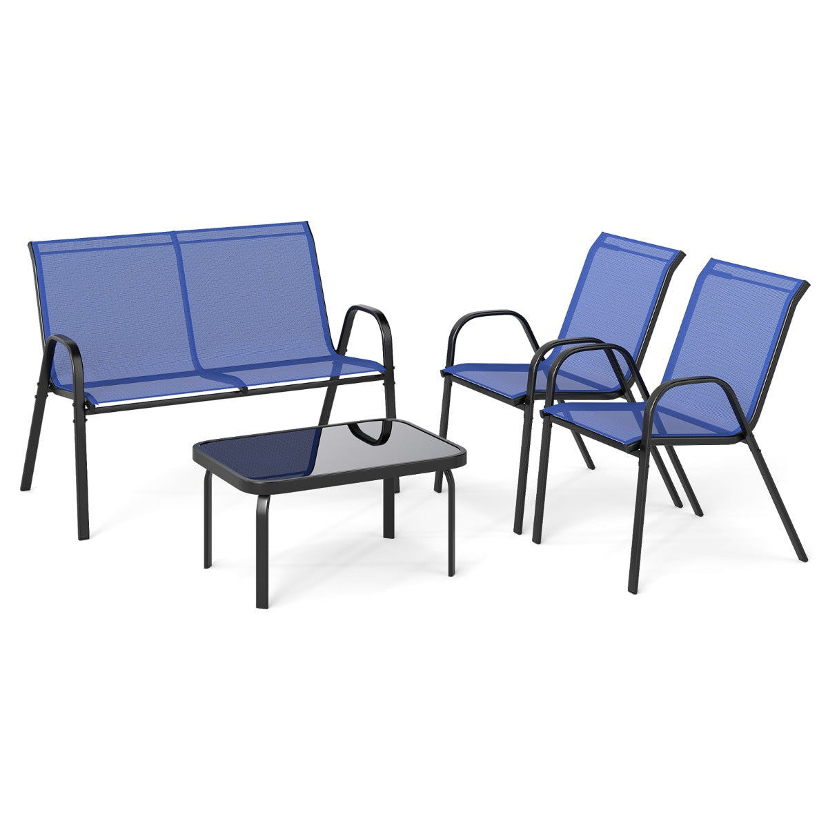 LIVSK Tuinpraatset - 2 Stoelen, Loveseat en Salontafel - Robuust Metaal - Hoogwaardige Stof - Tot 300 kg - Blauw