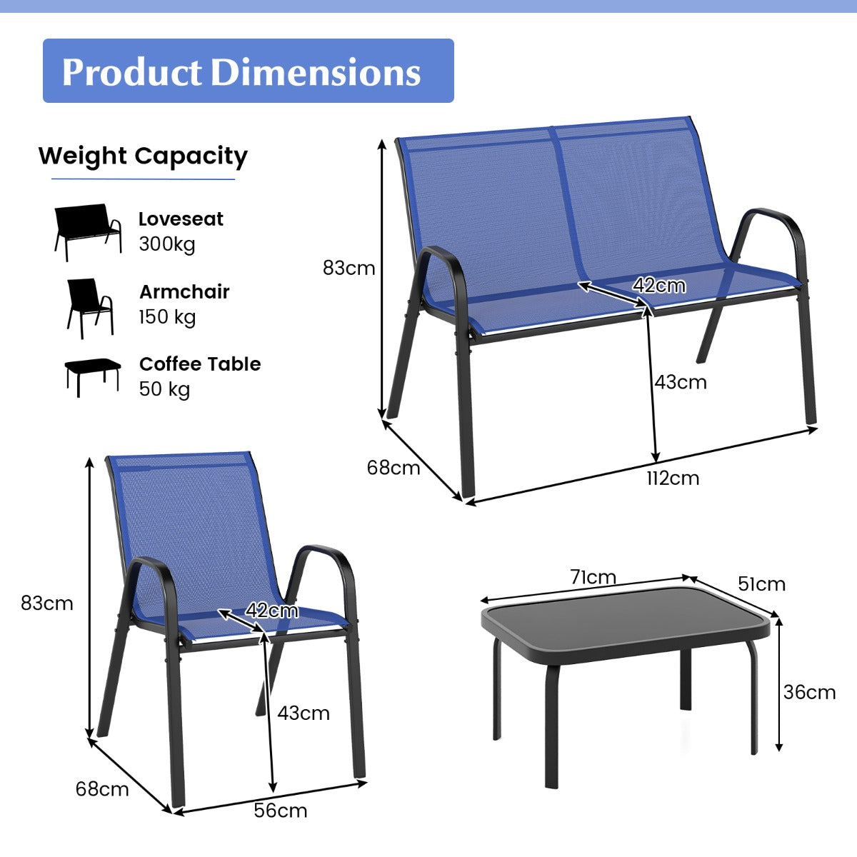 LIVSK Tuinpraatset - 2 Stoelen, Loveseat en Salontafel - Robuust Metaal - Hoogwaardige Stof - Tot 300 kg - Blauw