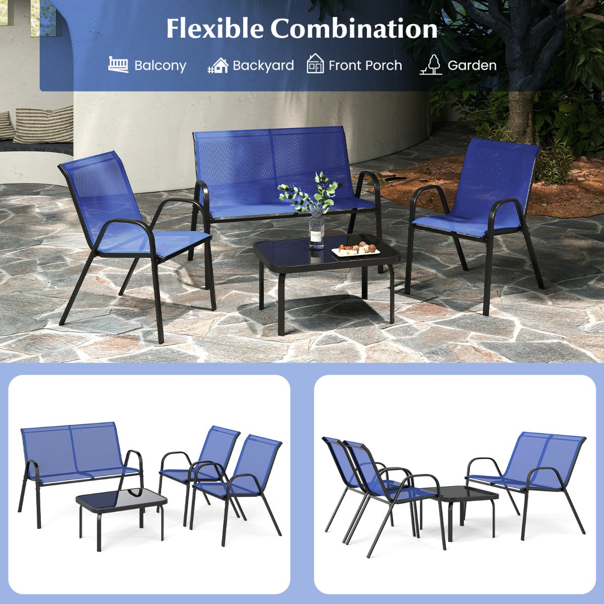 LIVSK Tuinpraatset - 2 Stoelen, Loveseat en Salontafel - Robuust Metaal - Hoogwaardige Stof - Tot 300 kg - Blauw