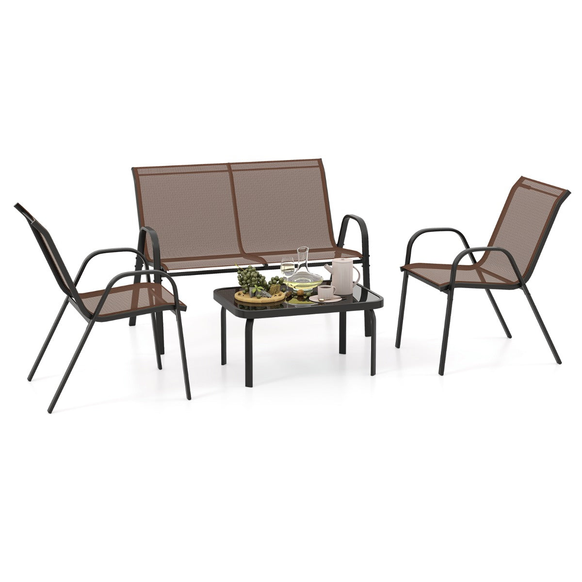 LIVSK Outdoor Loungeset - 2 Stoelen en Loveseat met Salontafel - Robuust Metaal - Sneldrogende Stof - Bruin
