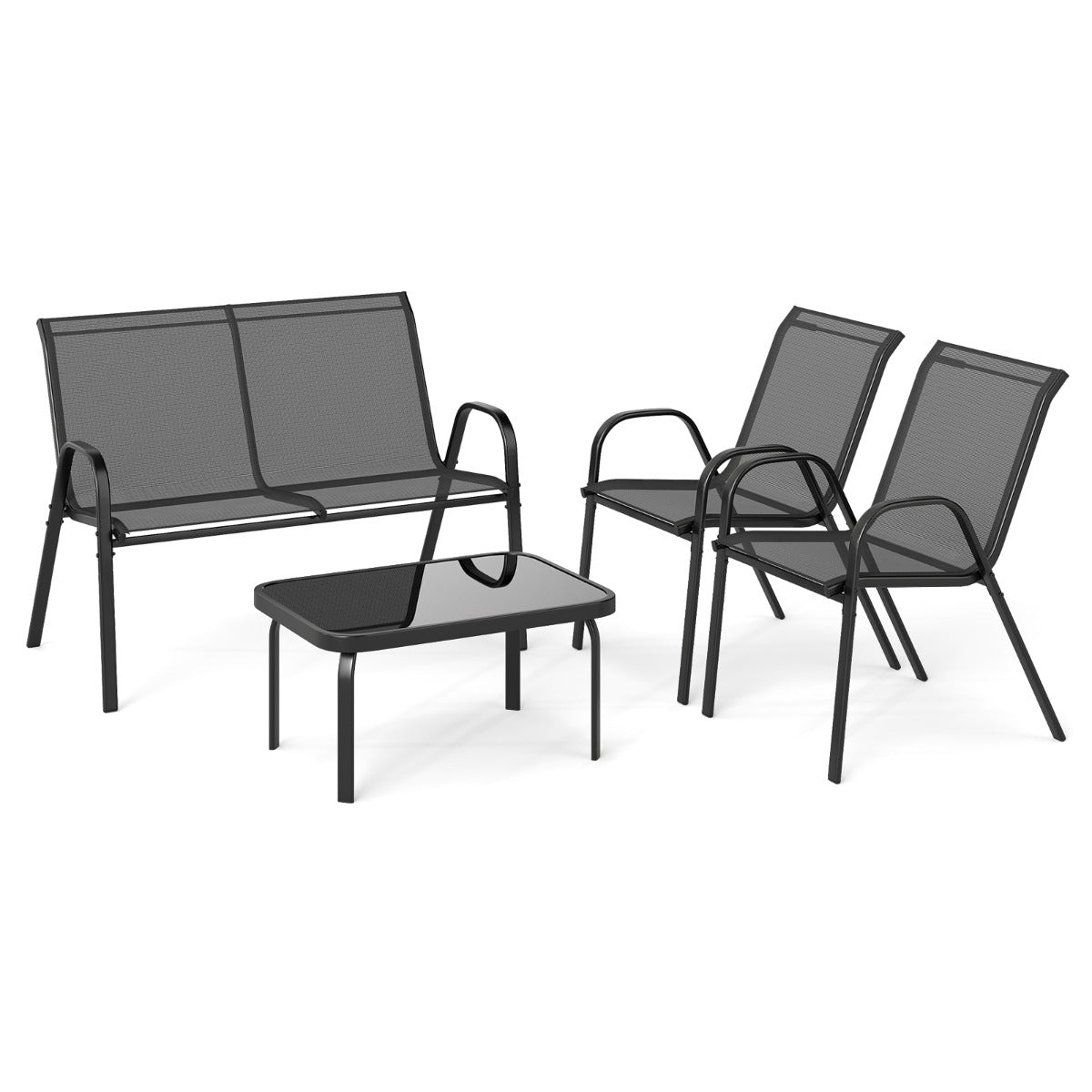 LIVSK Outdoor Loungeset - 2 Stoelen en Loveseat - Metalen Frame - Hoogwaardige Sneldrogende Stof - Gehard Glas Tafelblad - Grijs
