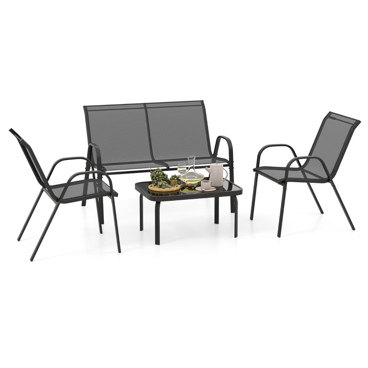 LIVSK Outdoor Loungeset - 2 Stoelen en Loveseat - Metalen Frame - Hoogwaardige Sneldrogende Stof - Gehard Glas Tafelblad - Grijs