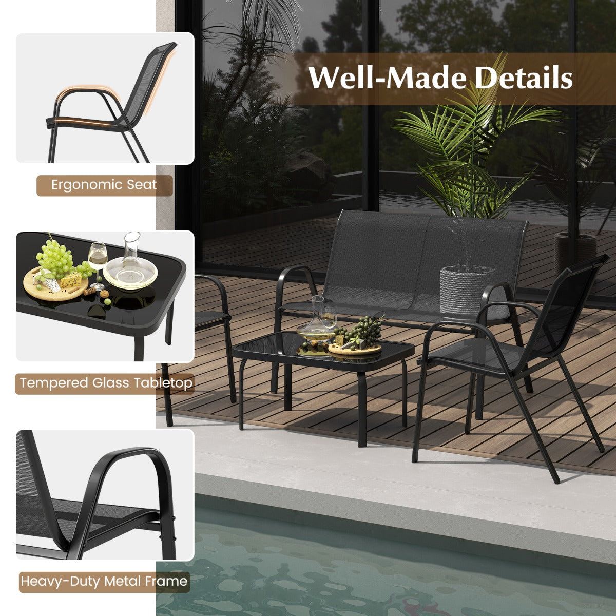 LIVSK Outdoor Loungeset - 2 Stoelen en Loveseat - Metalen Frame - Hoogwaardige Sneldrogende Stof - Gehard Glas Tafelblad - Grijs