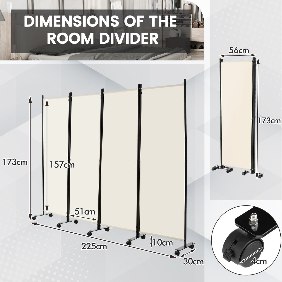LIVSK Opvouwbare Ruimteverdeler op Wieltjes - 4 Panelen - Roestbestendig Metaal - Slijtvast Vezelweefsel - 225 x 30 x 173 cm -