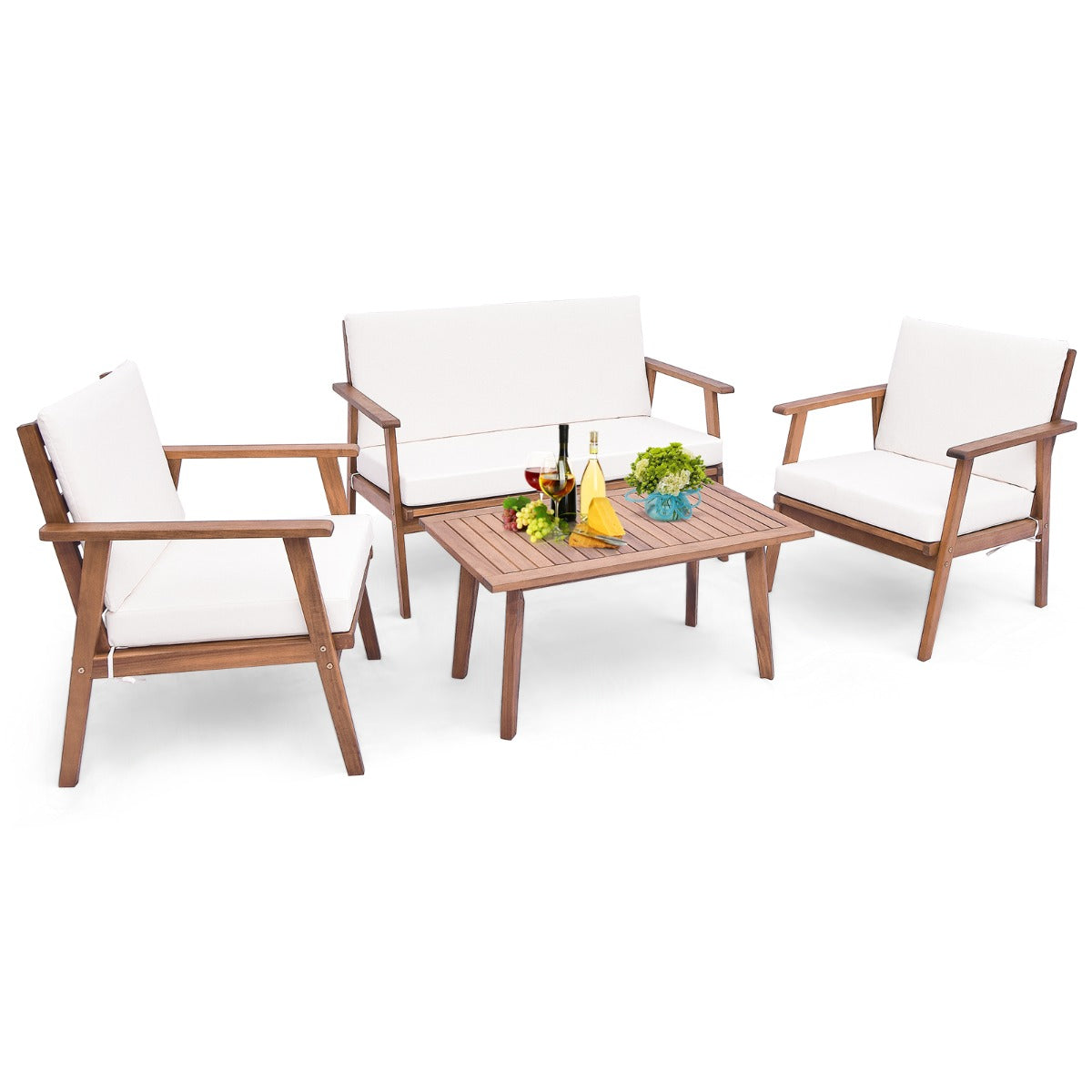 LIVSK 4-delige Acaciahouten Terrasmeubelset - Loveseat en Eenzitters met Kussens - Robuust en Duurzaam - Natuurlijke Elegantie -