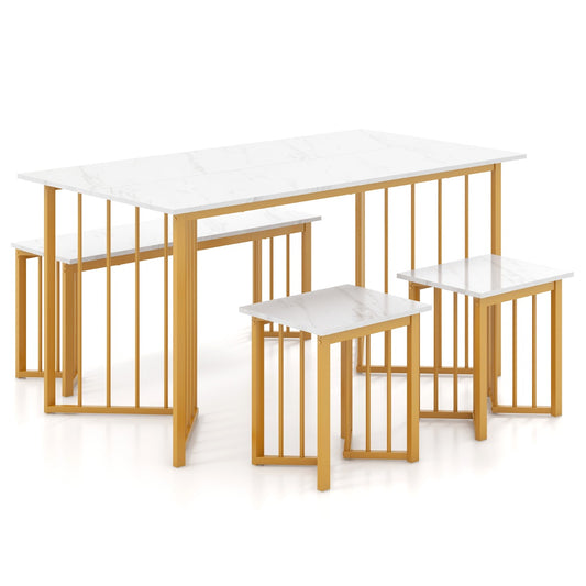 LIVSK 4-Delige Eettafelset voor 4 Personen - Inclusief 2-Persoonsbank en 2 Krukken - Gouden Metalen Poten - Marmerlook - 150 x 80