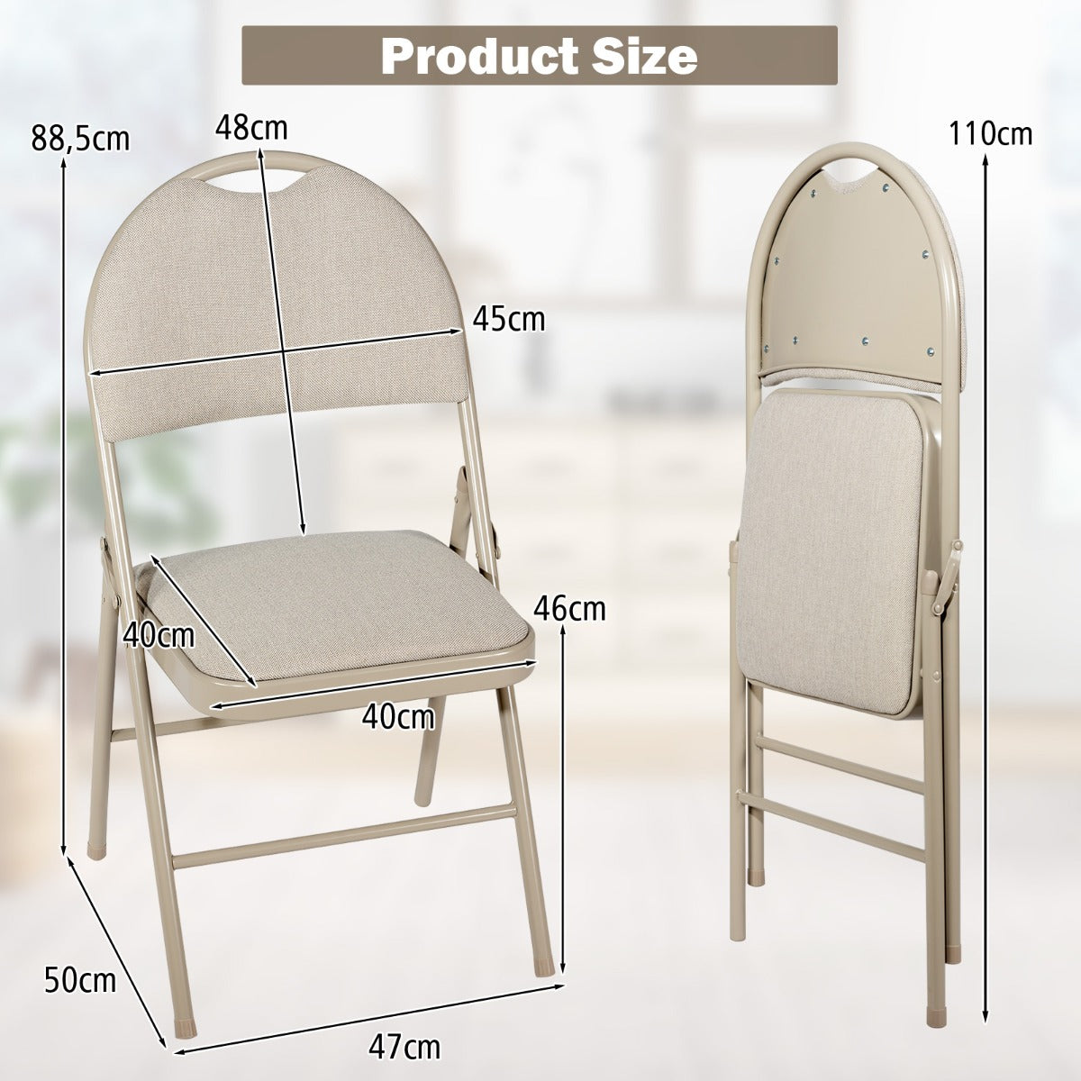 LIVSK Klapstoelenset - Ergonomisch Ontwerp - Gevoerde Zitting - Metalen Frame - Draagvermogen 120 kg - Beige