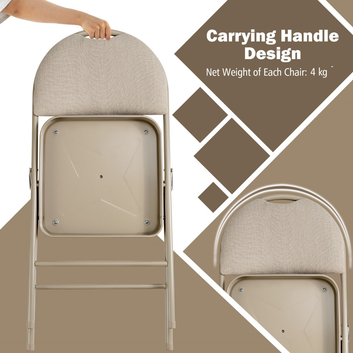 LIVSK Klapstoelenset - Ergonomisch Ontwerp - Gevoerde Zitting - Metalen Frame - Draagvermogen 120 kg - Beige