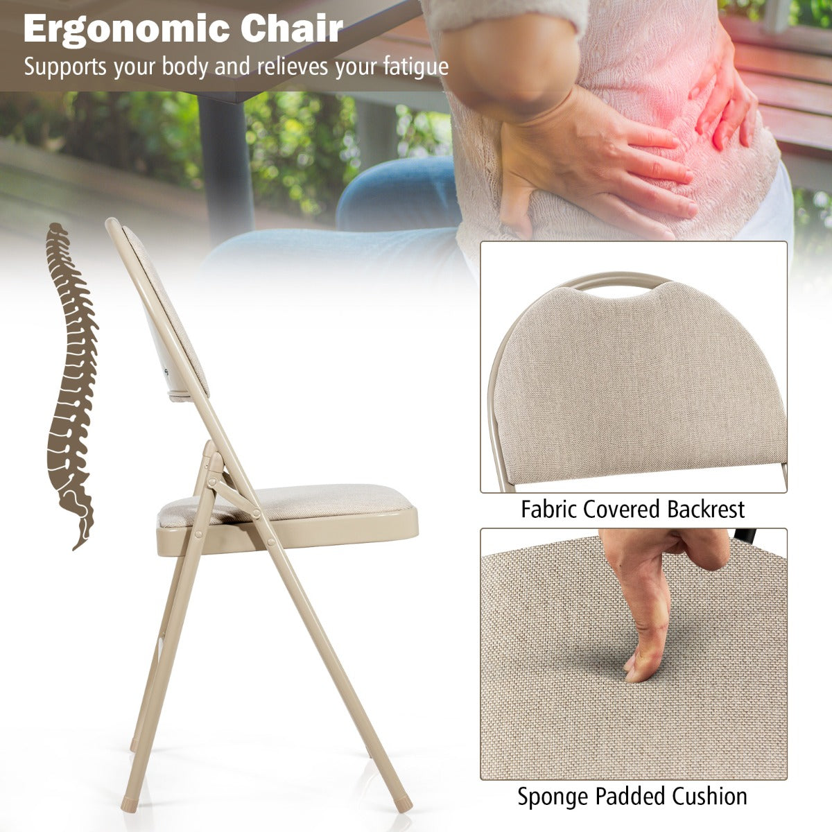 LIVSK Klapstoelenset - Ergonomisch Ontwerp - Gevoerde Zitting - Metalen Frame - Draagvermogen 120 kg - Beige
