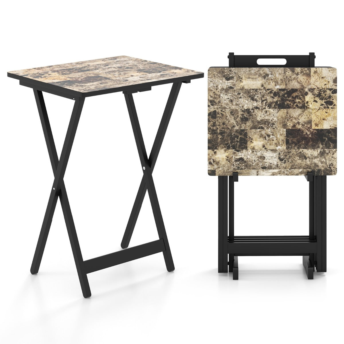 LIVSK Tuintafelset van 4 Opklapbare Bijzettafels - Duurzaam Rubberhout - Elegant Imitatiemarmer - Waterdicht - Zwart