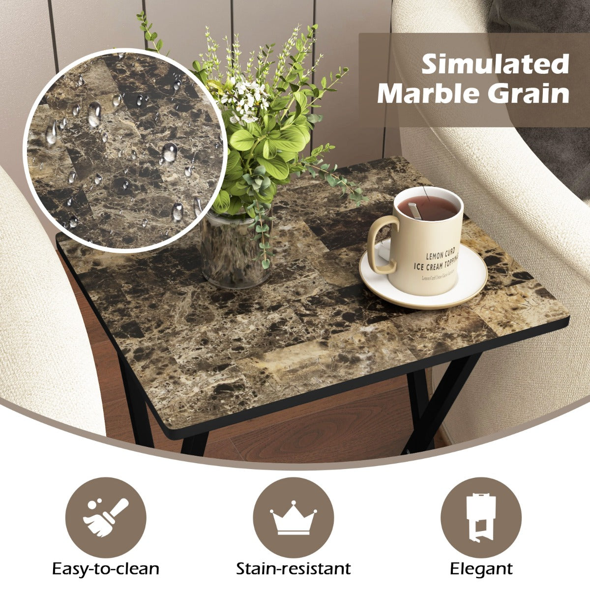 LIVSK Tuintafelset van 4 Opklapbare Bijzettafels - Duurzaam Rubberhout - Elegant Imitatiemarmer - Waterdicht - Zwart