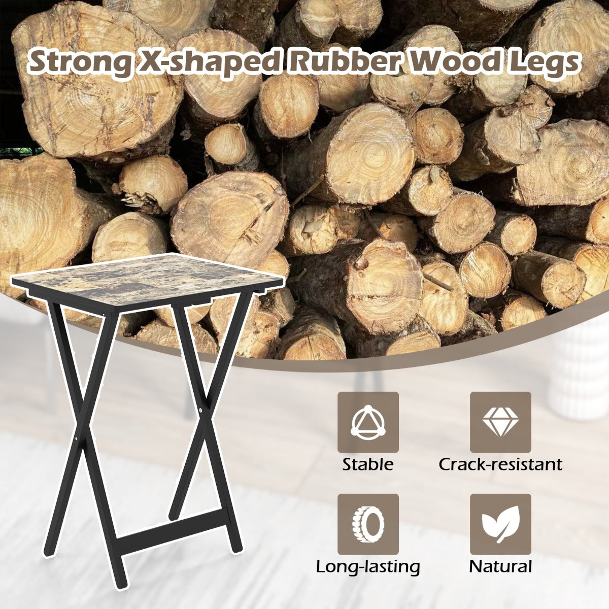 LIVSK Tuintafelset van 4 Opklapbare Bijzettafels - Duurzaam Rubberhout - Elegant Imitatiemarmer - Waterdicht - Zwart