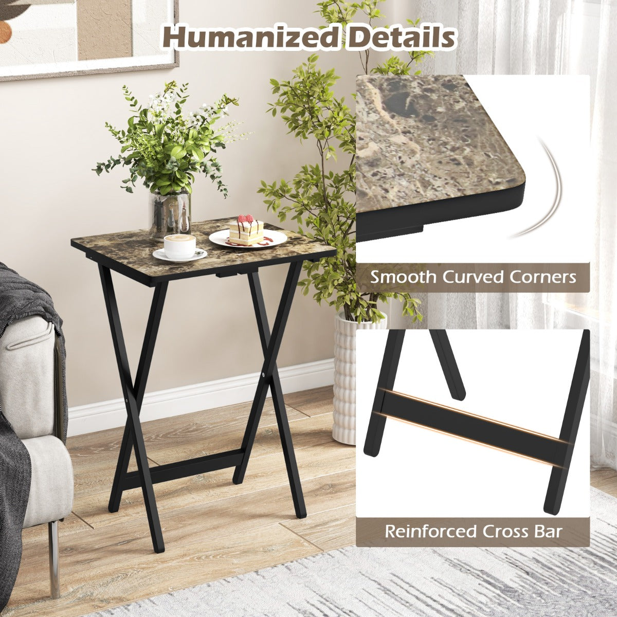 LIVSK Tuintafelset van 4 Opklapbare Bijzettafels - Duurzaam Rubberhout - Elegant Imitatiemarmer - Waterdicht - Zwart