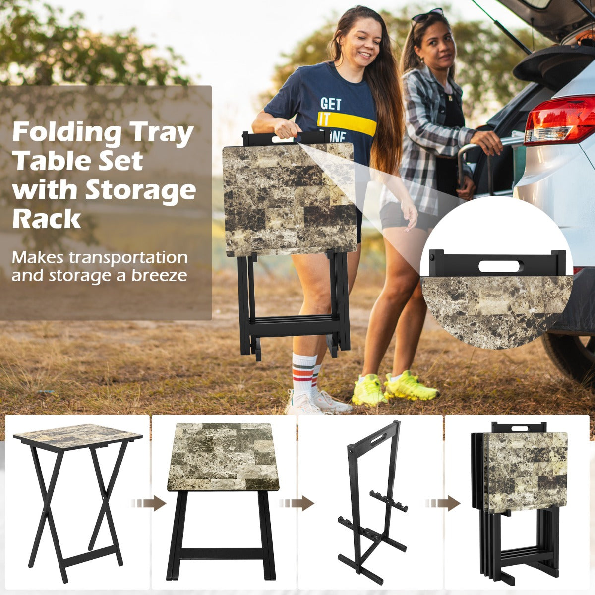 LIVSK Tuintafelset van 4 Opklapbare Bijzettafels - Duurzaam Rubberhout - Elegant Imitatiemarmer - Waterdicht - Zwart