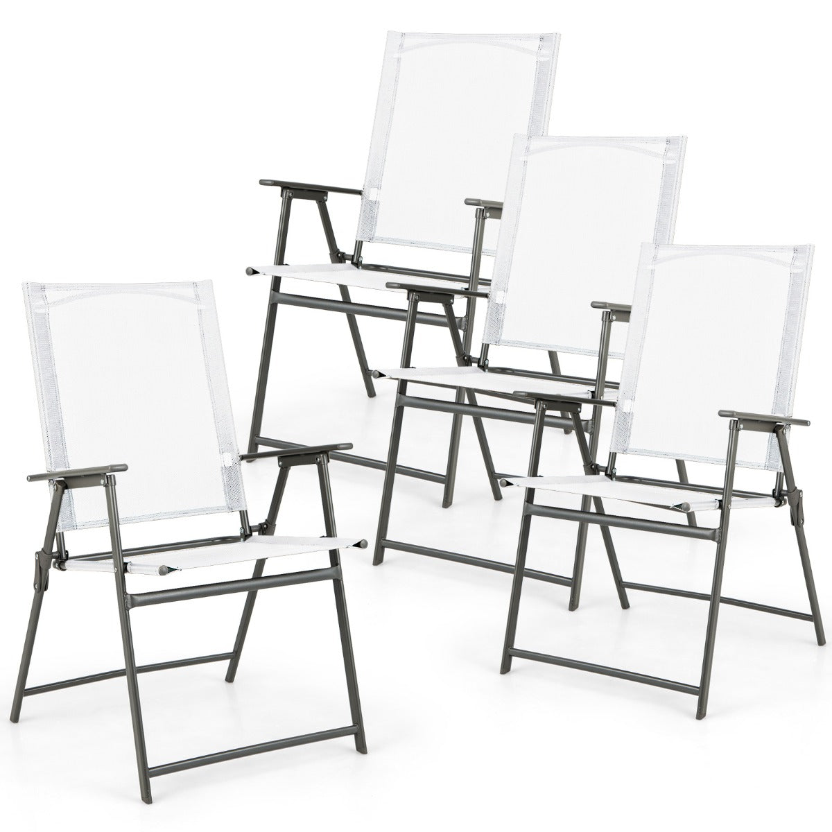 LIVSK Set van 4 Opvouwbare Terrasstoelen - Hoge Rugleuning - Metaal en Ademend Stof - Tot 150 kg - Wit