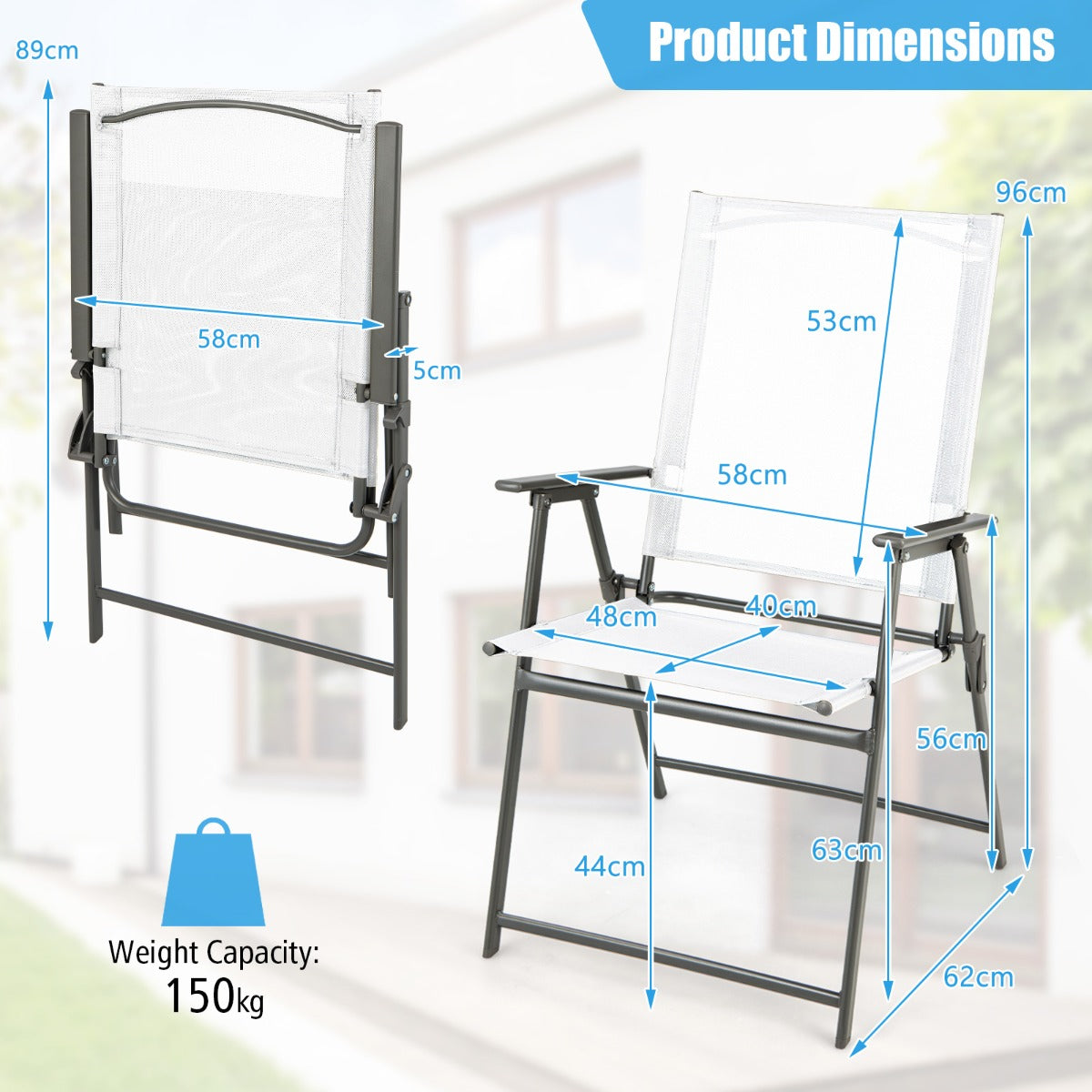 LIVSK Set van 4 Opvouwbare Terrasstoelen - Hoge Rugleuning - Metaal en Ademend Stof - Tot 150 kg - Wit