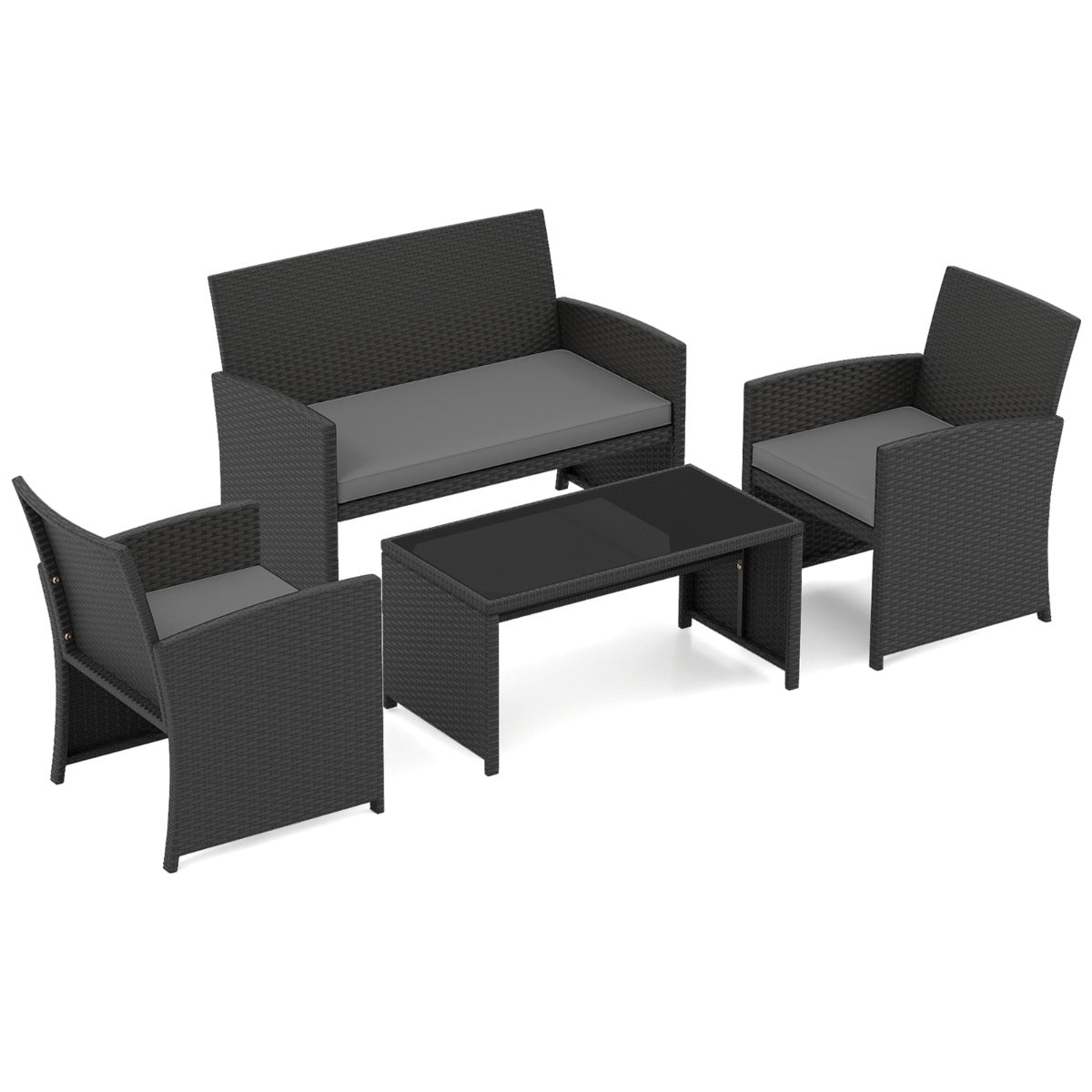 Livsk costway 4 delige pe rotan tuinset 2 zitsbank van riet met fauteuils en salontafel van gehard glas tuinmeubelen met kussens grijs
