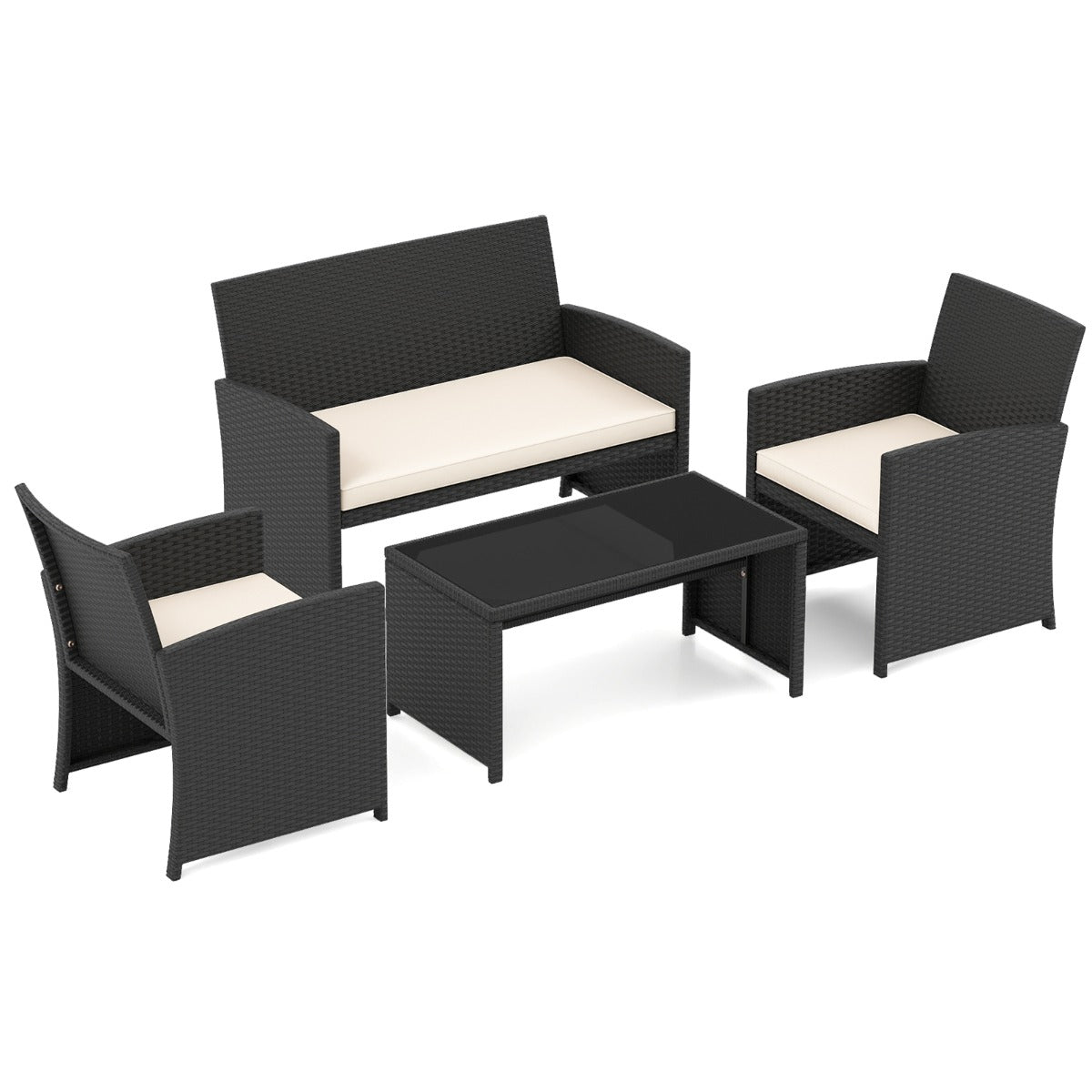 Livsk costway 4 delige pe rotan tuinset 2 zitsbank van riet met fauteuils en salontafel van gehard glas tuinmeubelen met kussens wit