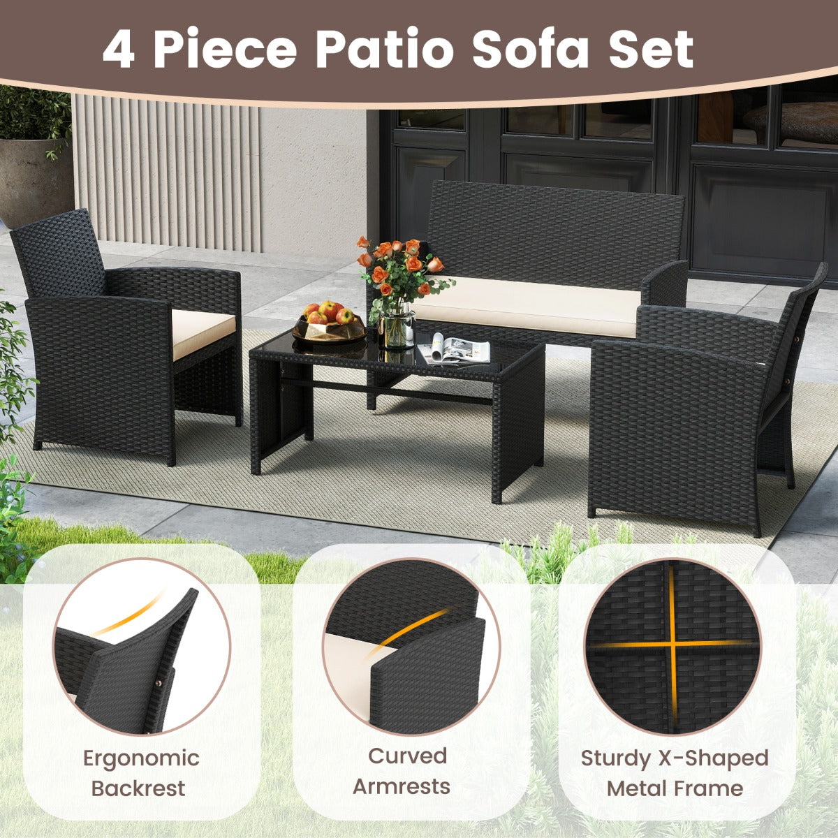 Livsk costway 4 delige pe rotan tuinset 2 zitsbank van riet met fauteuils en salontafel van gehard glas tuinmeubelen met kussens wit
