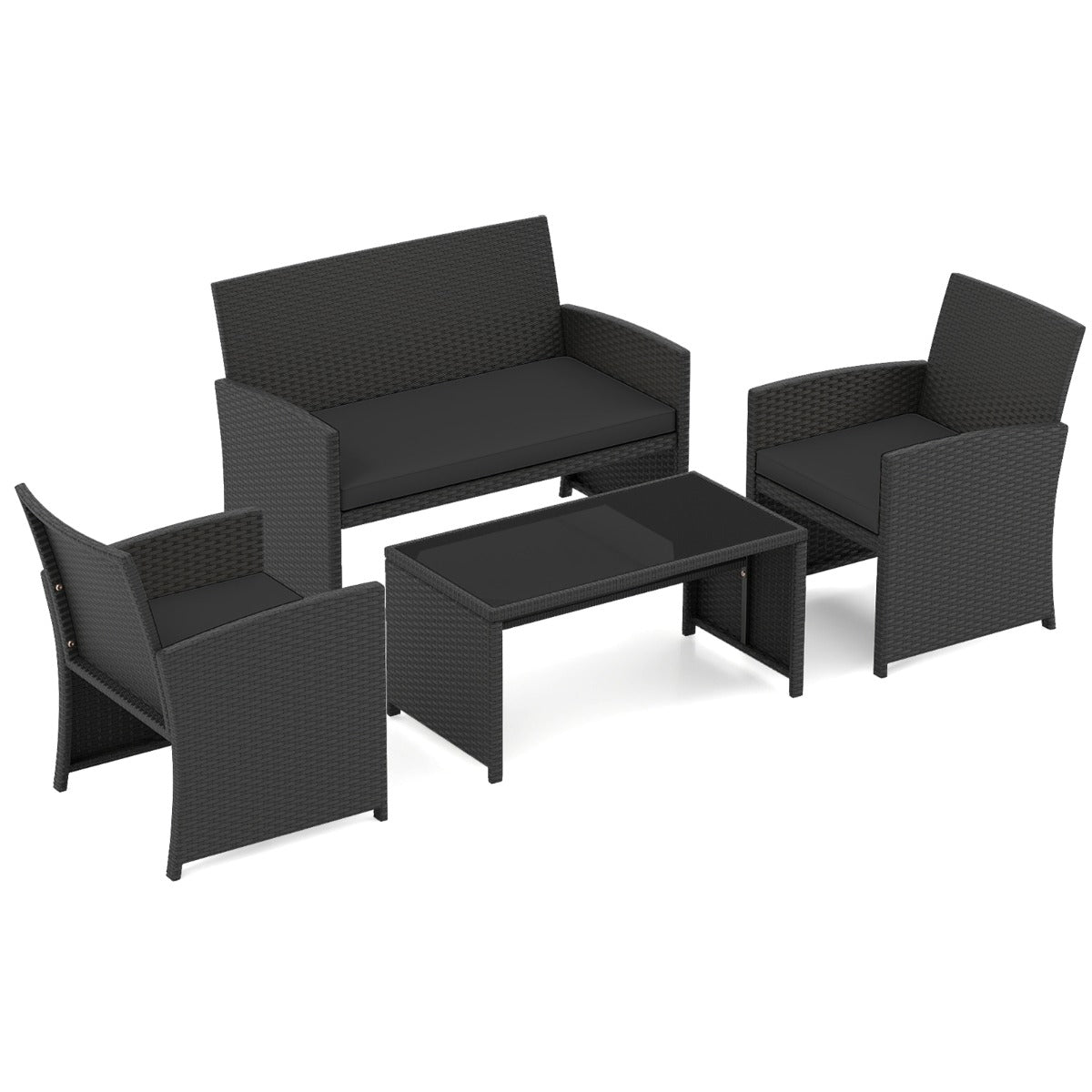 Livsk costway 4 delige pe rotan tuinset 2 zitsbank van riet met fauteuils en salontafel van gehard glas tuinmeubelen met kussens zwart