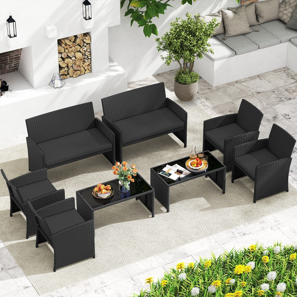 Livsk costway 4 delige pe rotan tuinset 2 zitsbank van riet met fauteuils en salontafel van gehard glas tuinmeubelen met kussens zwart