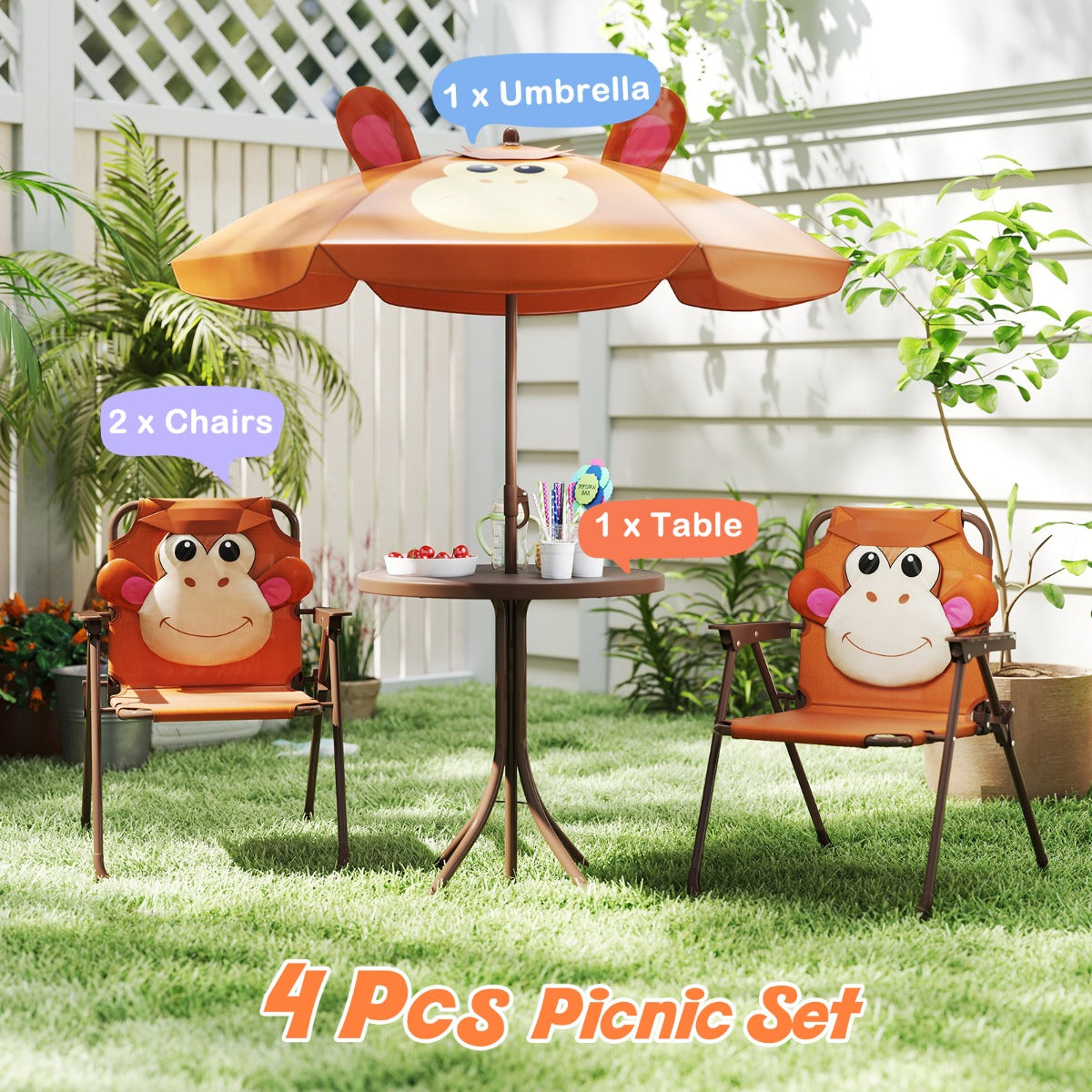 LIVSK Kinderset voor Picknicks - Opvouwbare Tafel en 2 Stoelen met In hoogte Verstelbare Parasol - Veilig en Duurzaam -