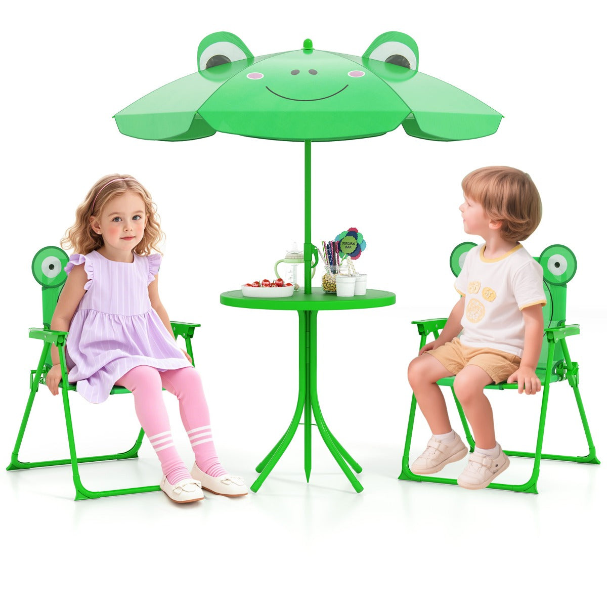 LIVSK 4-Delige Kinderset met Opvouwbare Tafel en Verstelbare Parasol - Inclusief 2 Klapstoelen - Ideaal voor Buiten - Donkergroen