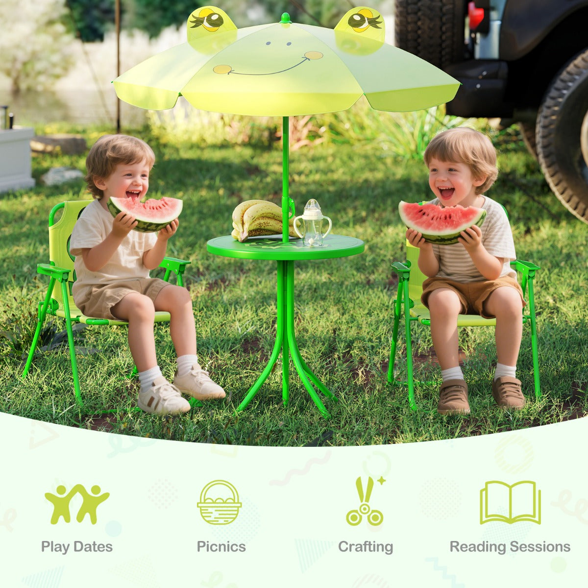 LIVSK Kinderpicknickset - Opvouwbaar met Verstelbare Parasol - Inclusief Tafel en 2 Stoelen - Voor Kinderen 3-6 jaar -