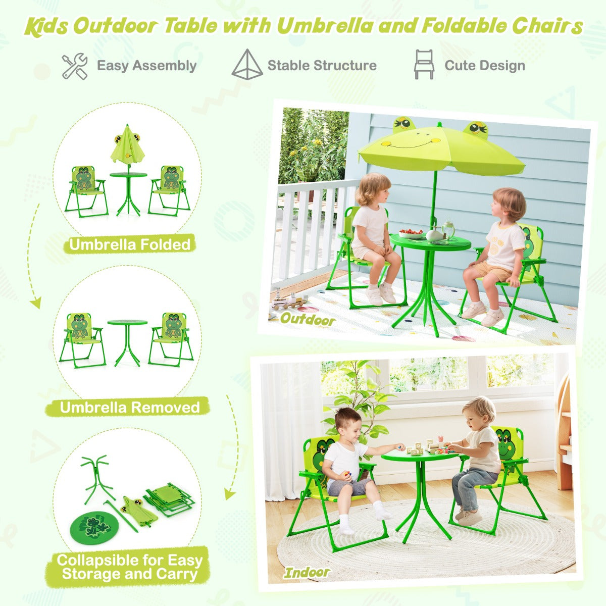 LIVSK Kinderpicknickset - Opvouwbaar met Verstelbare Parasol - Inclusief Tafel en 2 Stoelen - Voor Kinderen 3-6 jaar -
