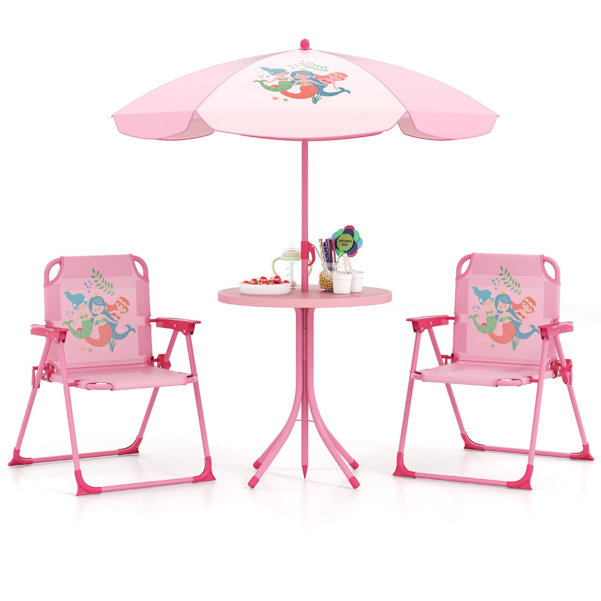 LIVSK Kinderpicknickset - Opvouwbare Tafel en Stoelen - Verstelbare Parasol - Voor Binnen en Buiten - Lichtgroen/Bruin