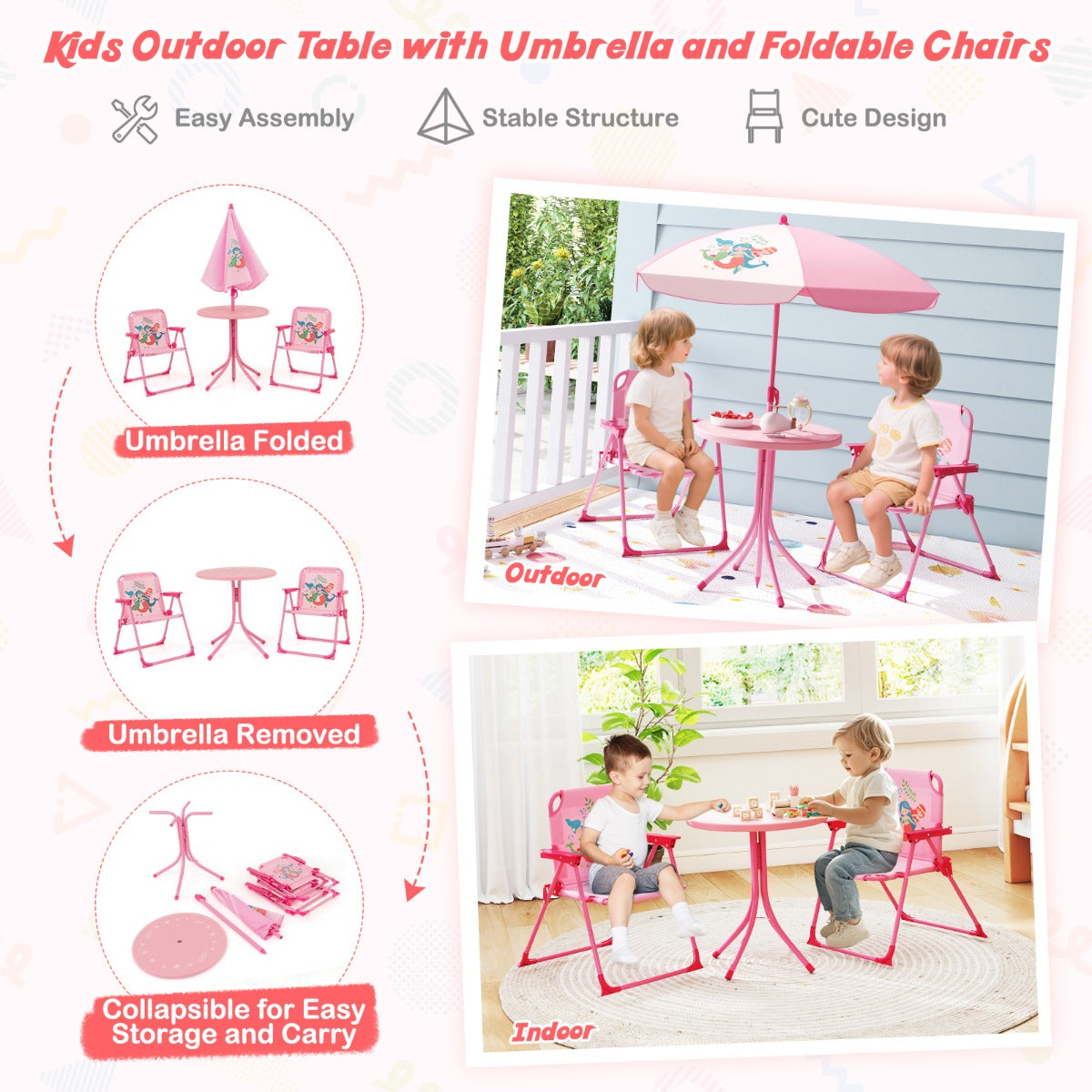 LIVSK Kinderpicknickset - Opvouwbare Tafel en Stoelen - Verstelbare Parasol - Voor Binnen en Buiten - Lichtgroen/Bruin