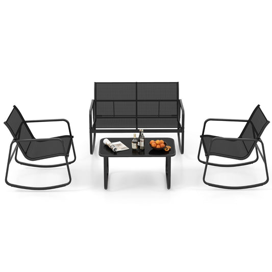 LIVSK 4-delige tuinmeubelset - Ergonomische schommelstoelen - Roestbestendig met glazen blad - Voor buiten - Zwart