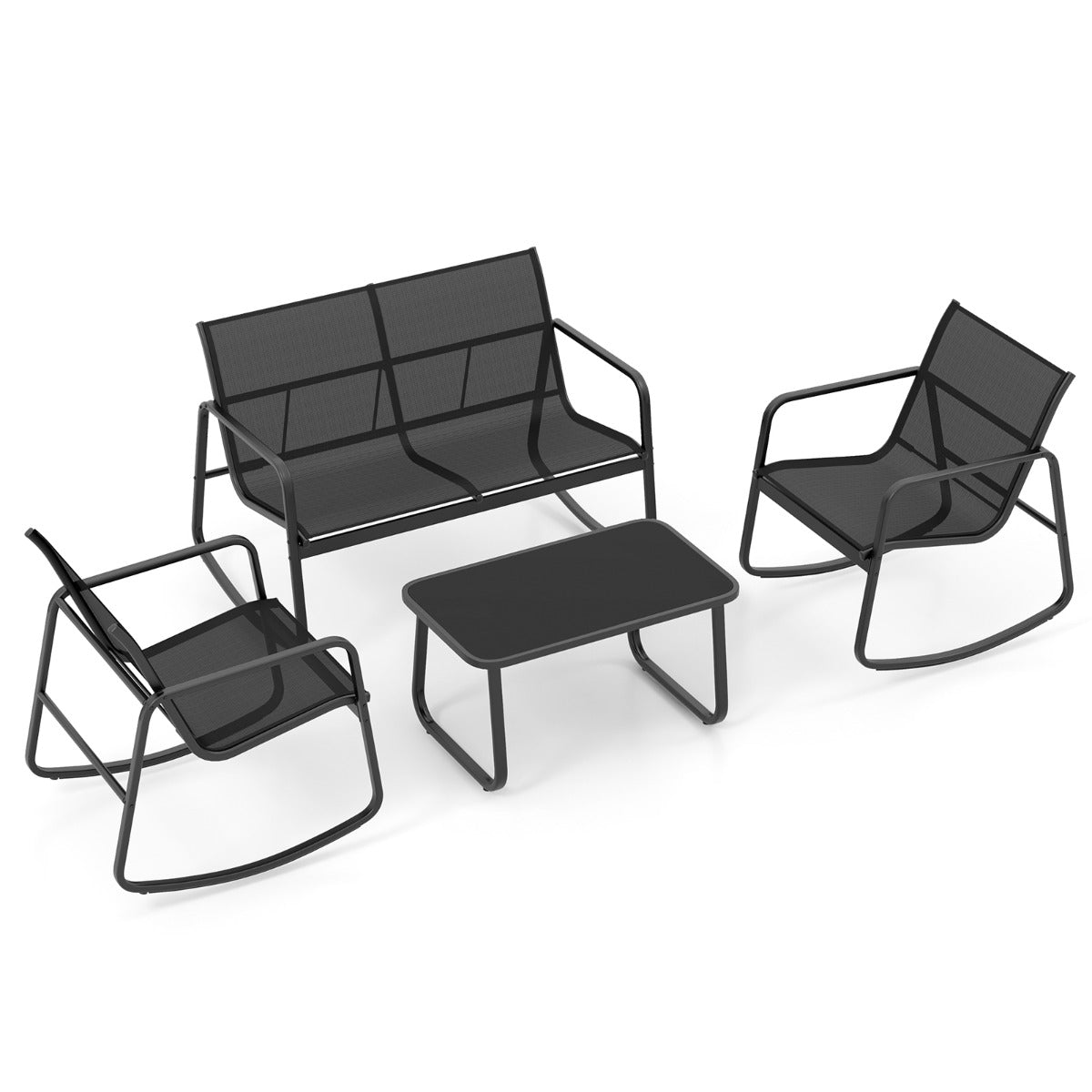 LIVSK 4-delige tuinmeubelset - Ergonomische schommelstoelen - Roestbestendig met glazen blad - Voor buiten - Zwart