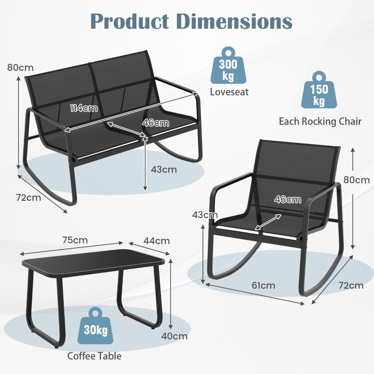 LIVSK 4-delige tuinmeubelset - Ergonomische schommelstoelen - Roestbestendig met glazen blad - Voor buiten - Zwart