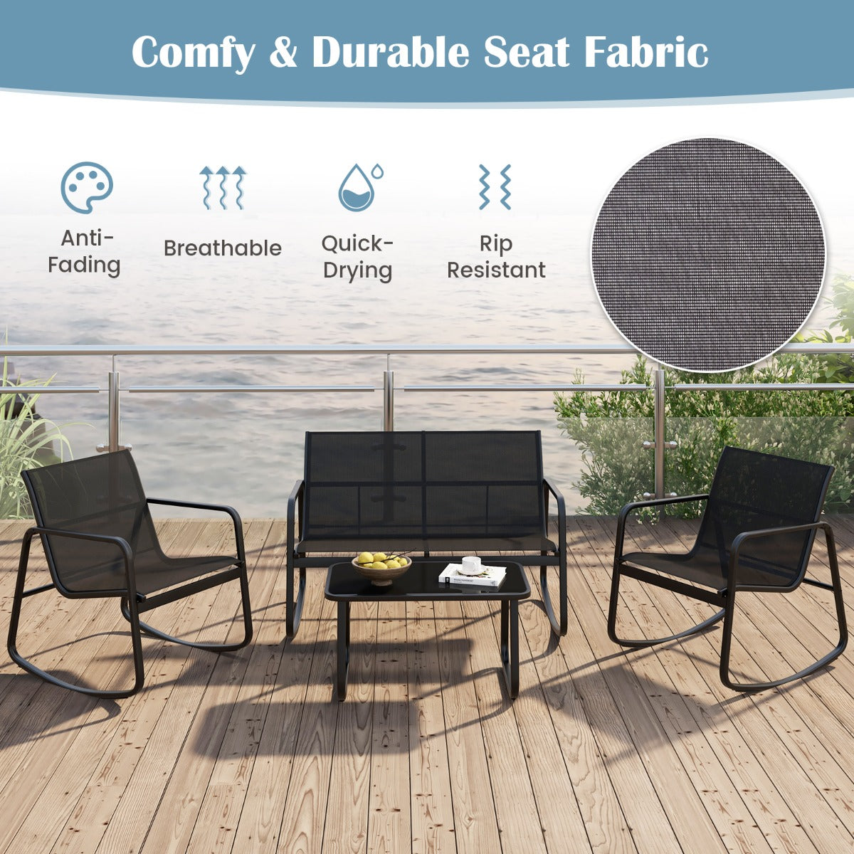LIVSK 4-delige tuinmeubelset - Ergonomische schommelstoelen - Roestbestendig met glazen blad - Voor buiten - Zwart