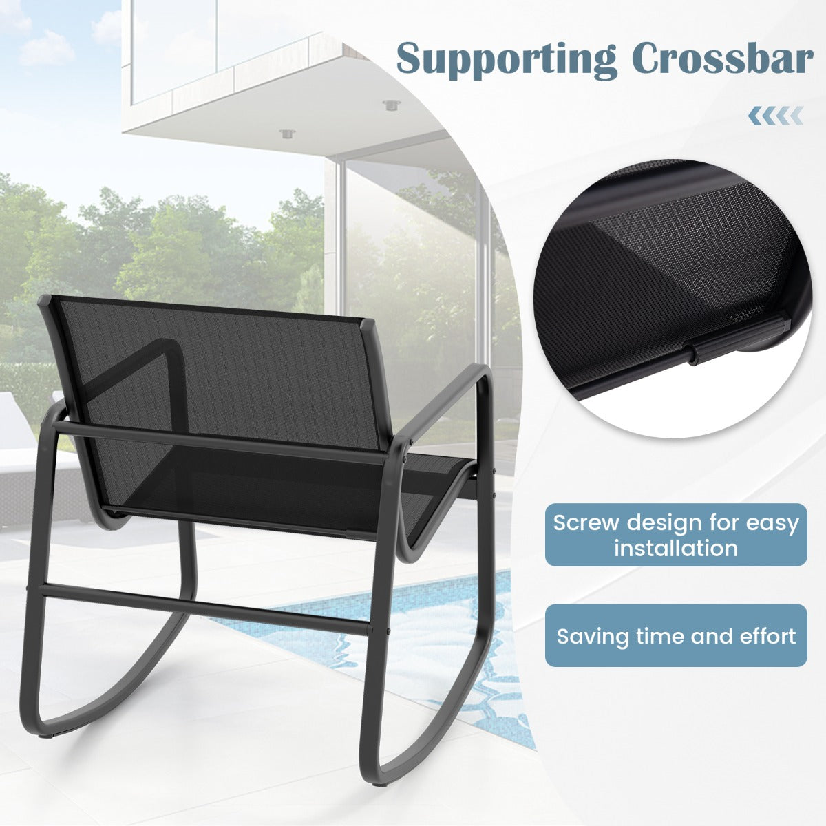 LIVSK 4-delige tuinmeubelset - Ergonomische schommelstoelen - Roestbestendig met glazen blad - Voor buiten - Zwart