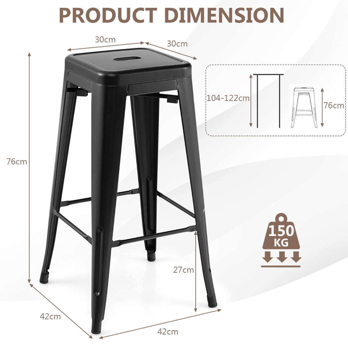 LIVSK Metalen Krukset 4-delig - Stapelbaar - Roestbestendig - Antislip - Zithoogte 76 cm - Belastbaar tot 150 kg - Zwart
