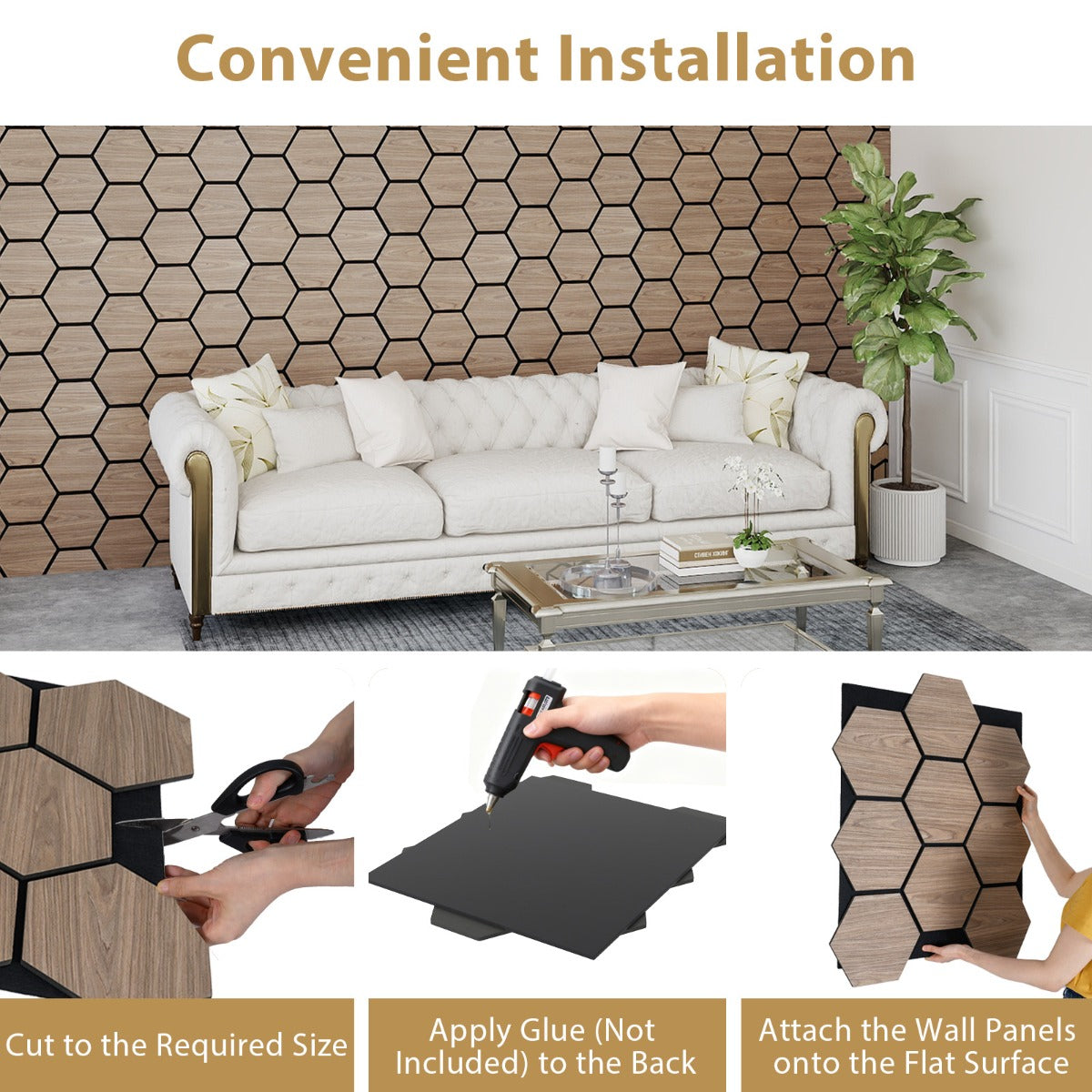 Livsk costway 4 delige set geluidsabsorberende wandpanelen 81 x 66 cm bestaande uit 9 zeshoekige houten panelen 5