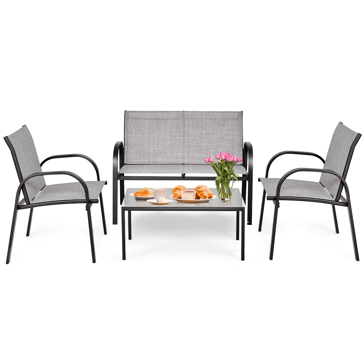 LIVSK 4-Delige Tuinmeubelset - Dubbele en Enkele Stoelen - Snel Droog Mesh - Hoge Rugleuning - Stevig Glas - Grijs