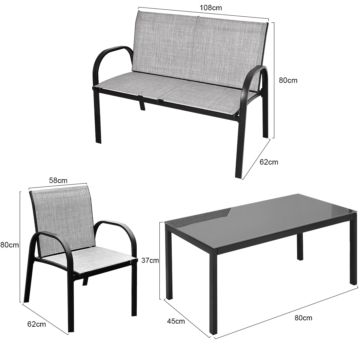 LIVSK 4-Delige Tuinmeubelset - Dubbele en Enkele Stoelen - Snel Droog Mesh - Hoge Rugleuning - Stevig Glas - Grijs