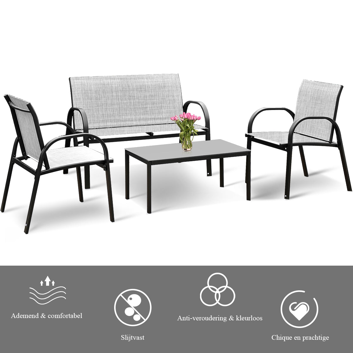 LIVSK 4-Delige Tuinmeubelset - Dubbele en Enkele Stoelen - Snel Droog Mesh - Hoge Rugleuning - Stevig Glas - Grijs