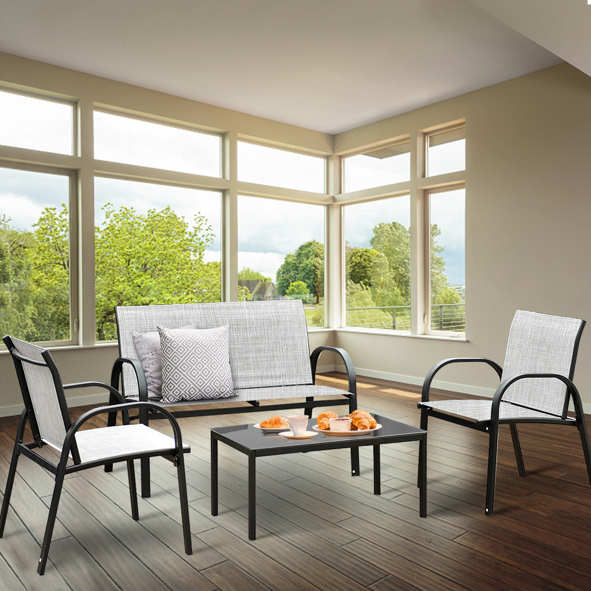 LIVSK 4-Delige Tuinmeubelset - Dubbele en Enkele Stoelen - Snel Droog Mesh - Hoge Rugleuning - Stevig Glas - Grijs