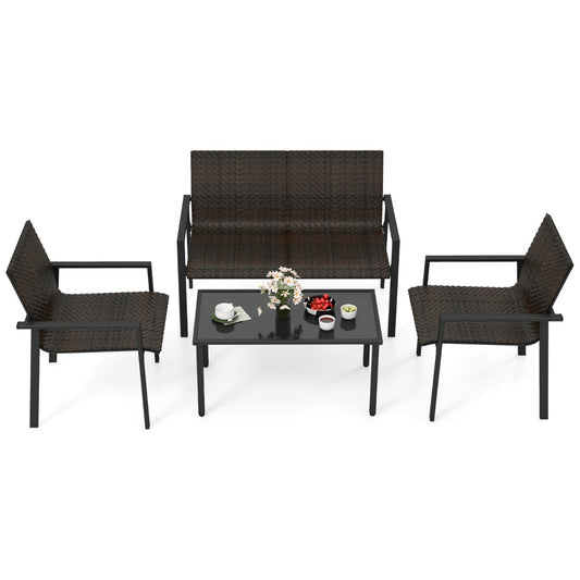 LIVSK Terrasmeubelset - Bank, 2 Stoelen en Salontafel - Ergonomisch en Verstelbare Voetsteunen - PE Rotan - Bruin/Zwart Mix