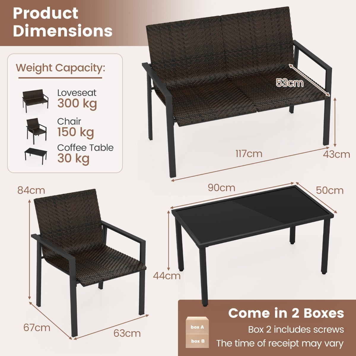 LIVSK Terrasmeubelset - Bank, 2 Stoelen en Salontafel - Ergonomisch en Verstelbare Voetsteunen - PE Rotan - Bruin/Zwart Mix