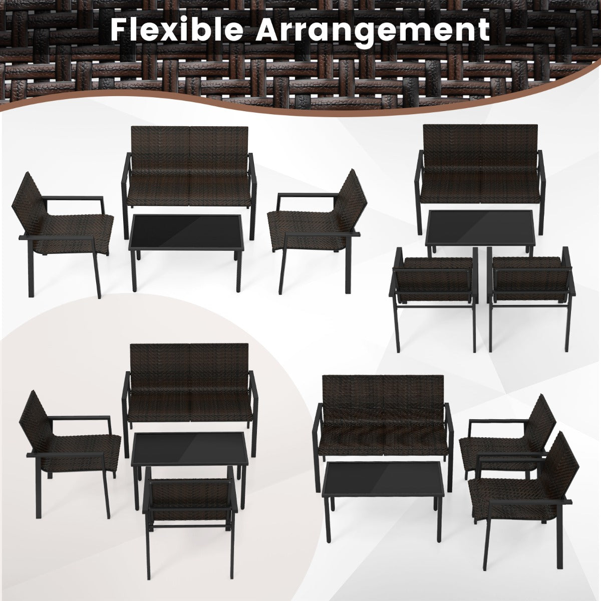 LIVSK Terrasmeubelset - Bank, 2 Stoelen en Salontafel - Ergonomisch en Verstelbare Voetsteunen - PE Rotan - Bruin/Zwart Mix