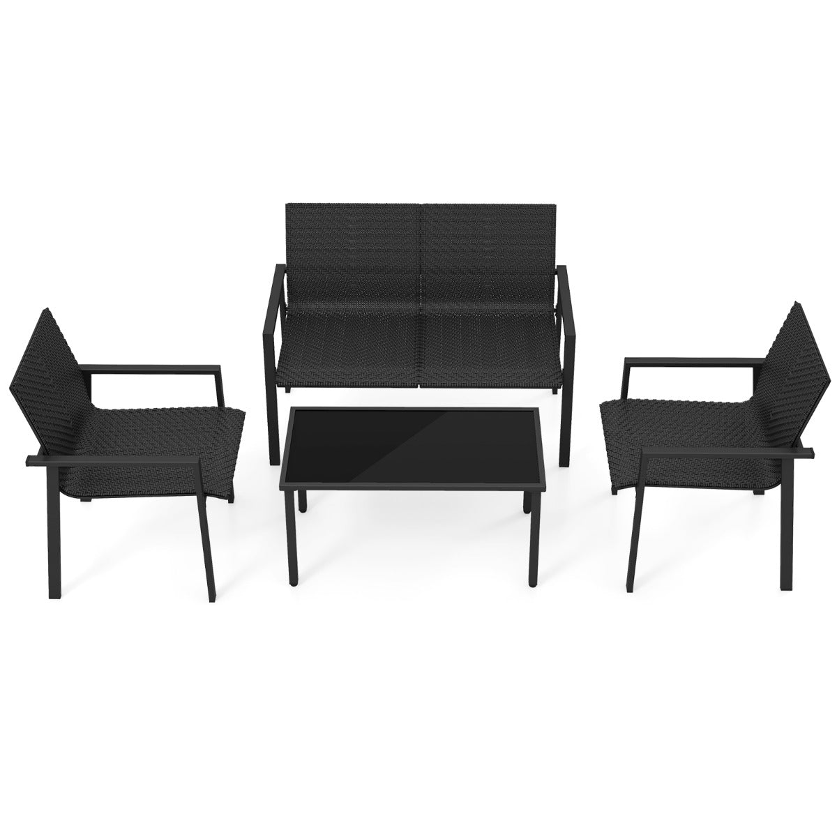 LIVSK Terrasmeubelset 4-delig - Ergonomische Stoelen en Bank - Gehard Glas Salontafel - Duurzaam Rotan - Bruin/Zwart Mix