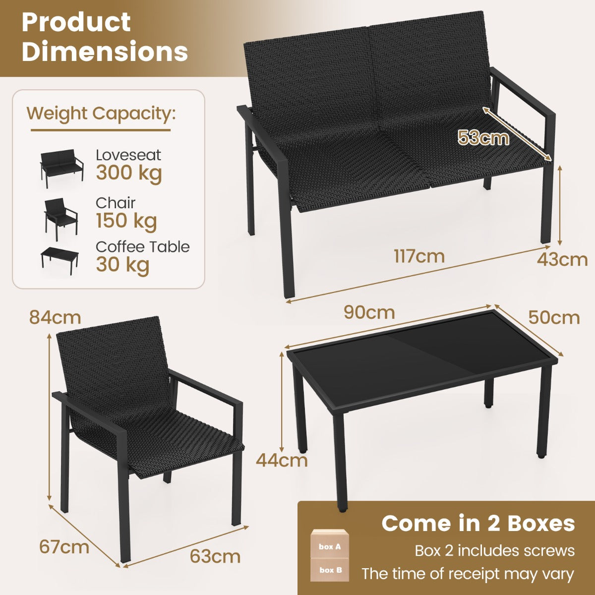 LIVSK Terrasmeubelset 4-delig - Ergonomische Stoelen en Bank - Gehard Glas Salontafel - Duurzaam Rotan - Bruin/Zwart Mix
