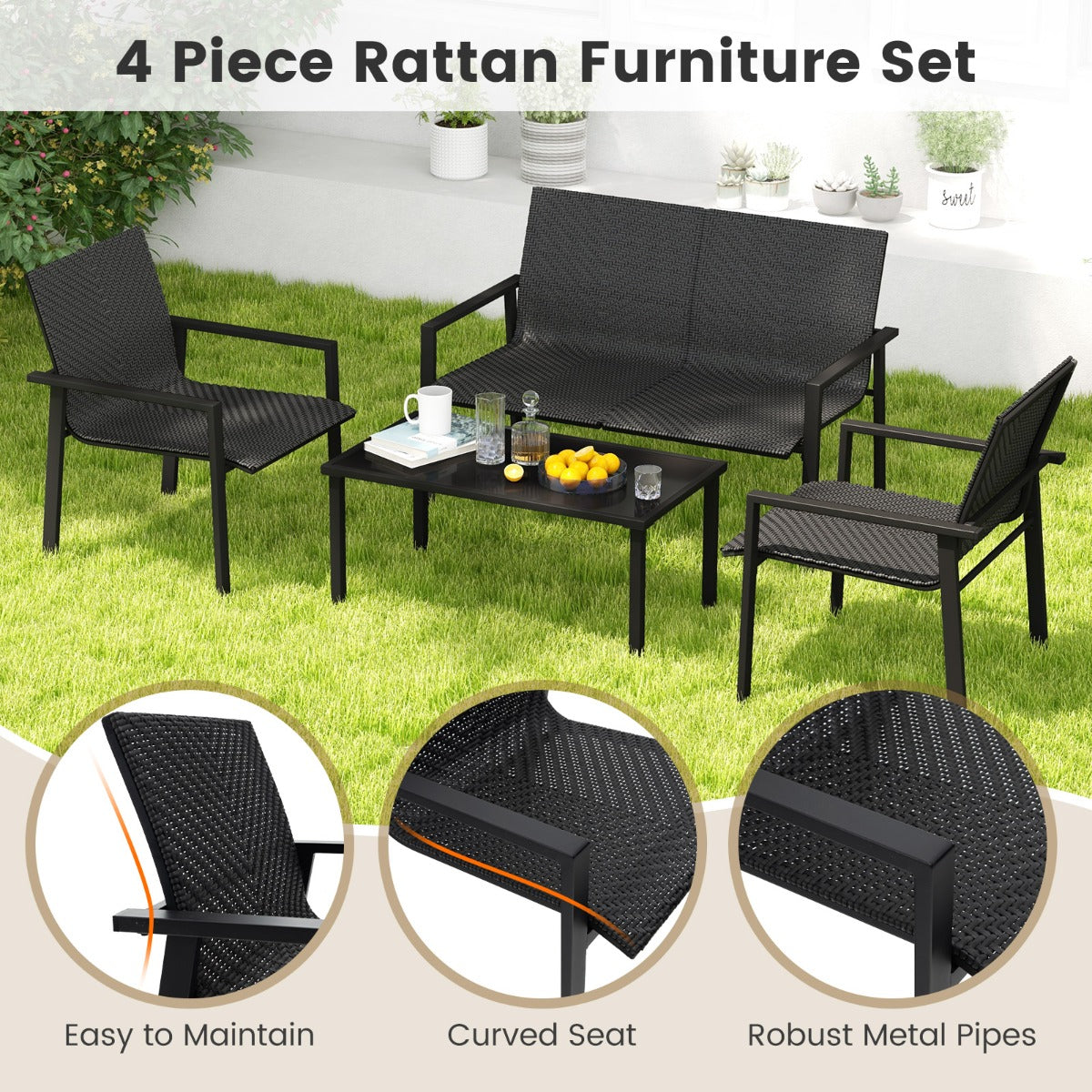 LIVSK Terrasmeubelset 4-delig - Ergonomische Stoelen en Bank - Gehard Glas Salontafel - Duurzaam Rotan - Bruin/Zwart Mix