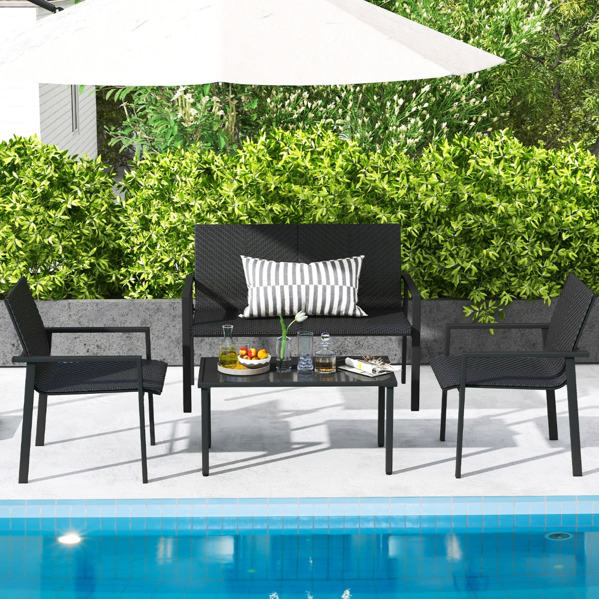 LIVSK Terrasmeubelset 4-delig - Ergonomische Stoelen en Bank - Gehard Glas Salontafel - Duurzaam Rotan - Bruin/Zwart Mix